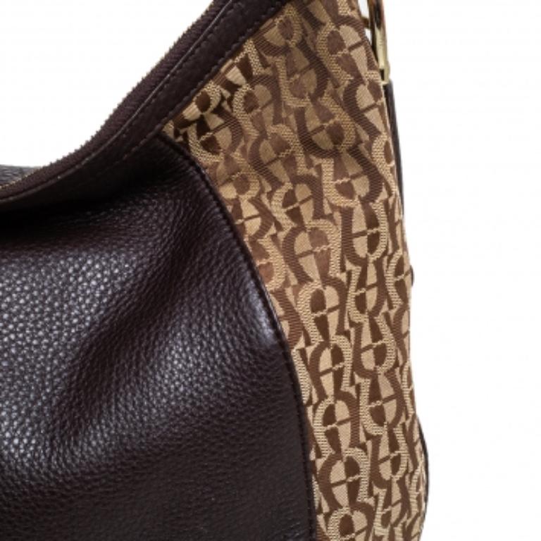 Black Aigner Brown/Beige Signature Canvas and Leather Hobo For Sale