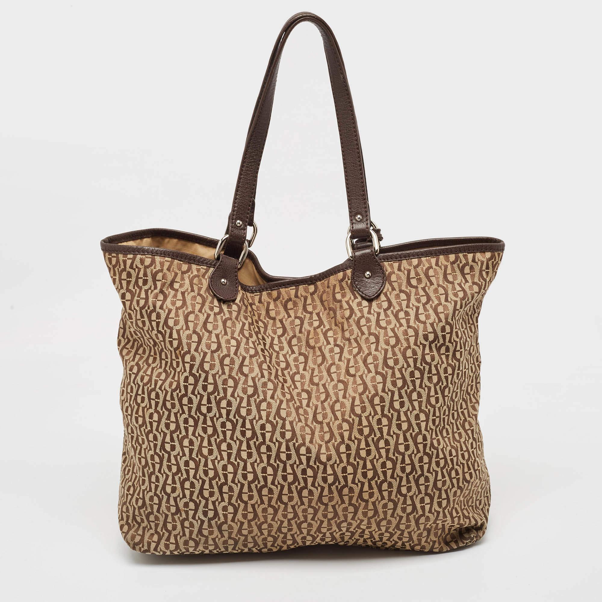 Women's Aigner Brown/Beige Signature Canvas and Leather Snap Tote For Sale