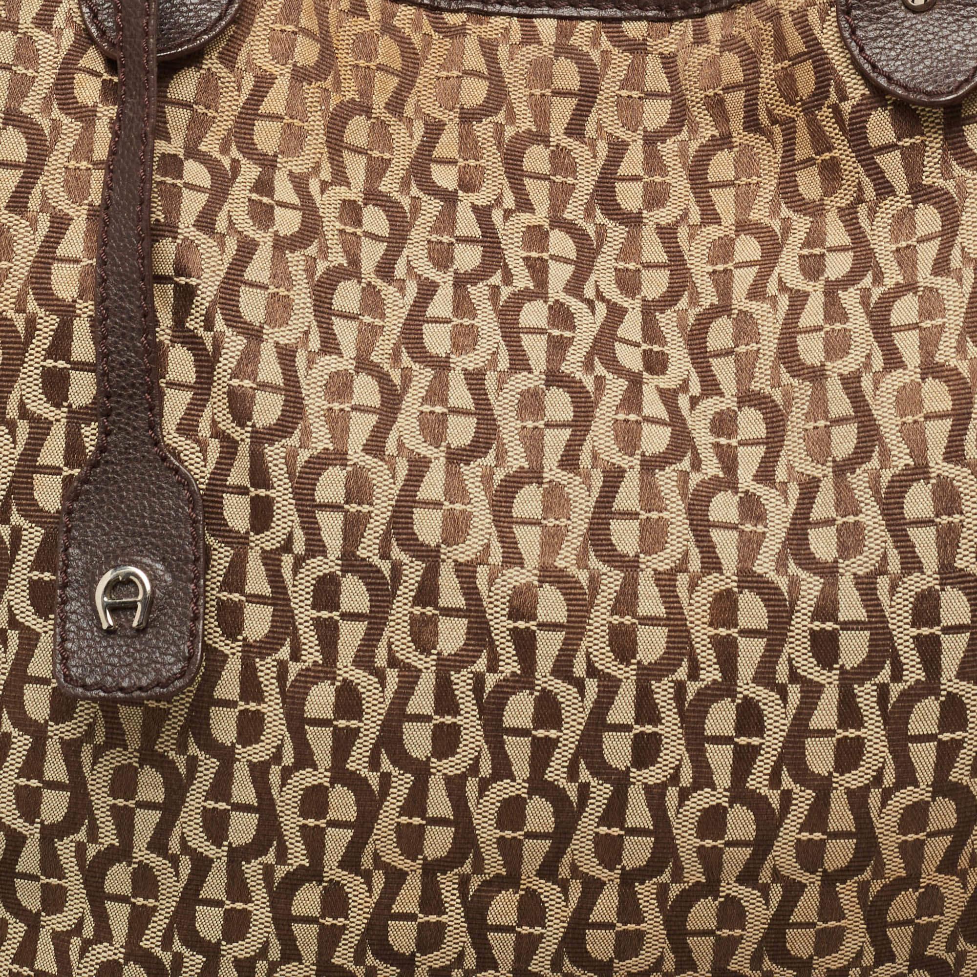 Aigner Brown/Beige Signature Canvas and Leather Snap Tote For Sale 1