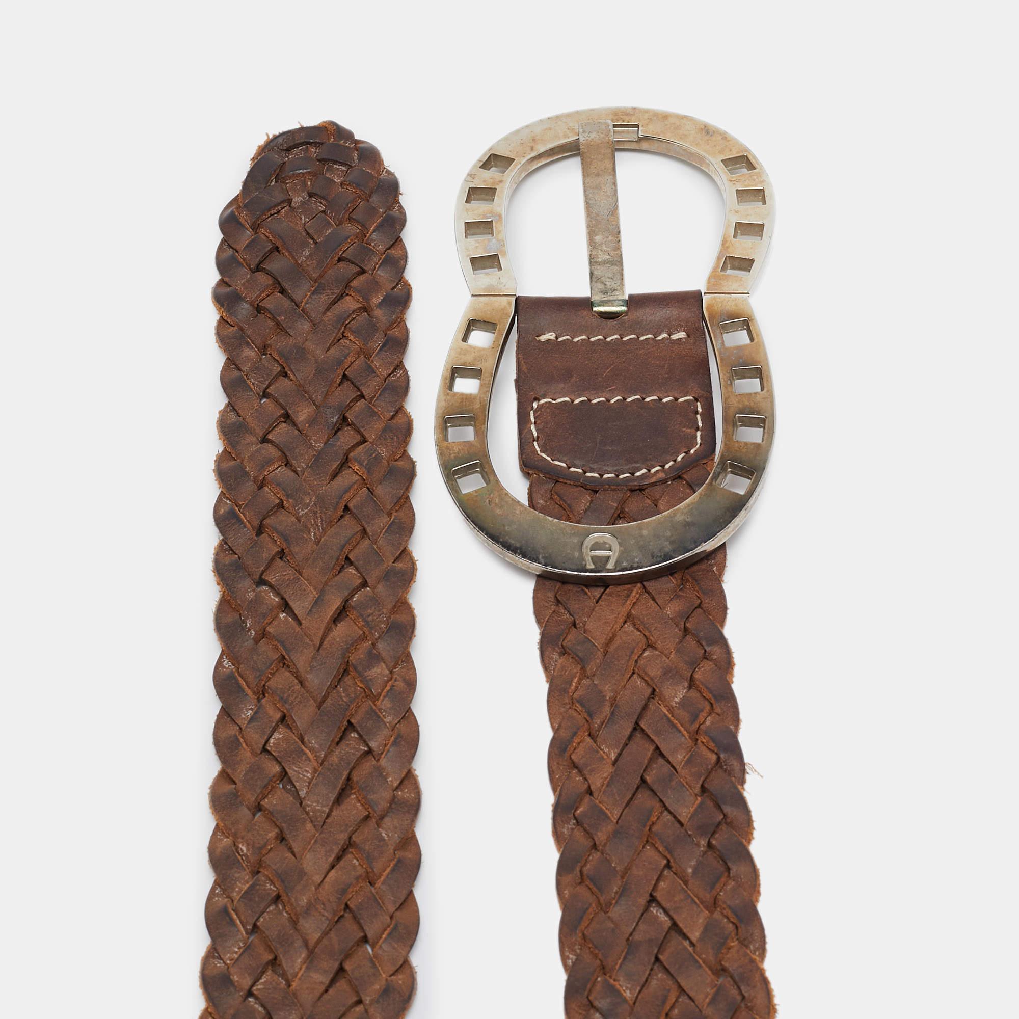 Aigner Brown Braided Leather Buckle Belt 90 CM In Fair Condition For Sale In Dubai, Al Qouz 2