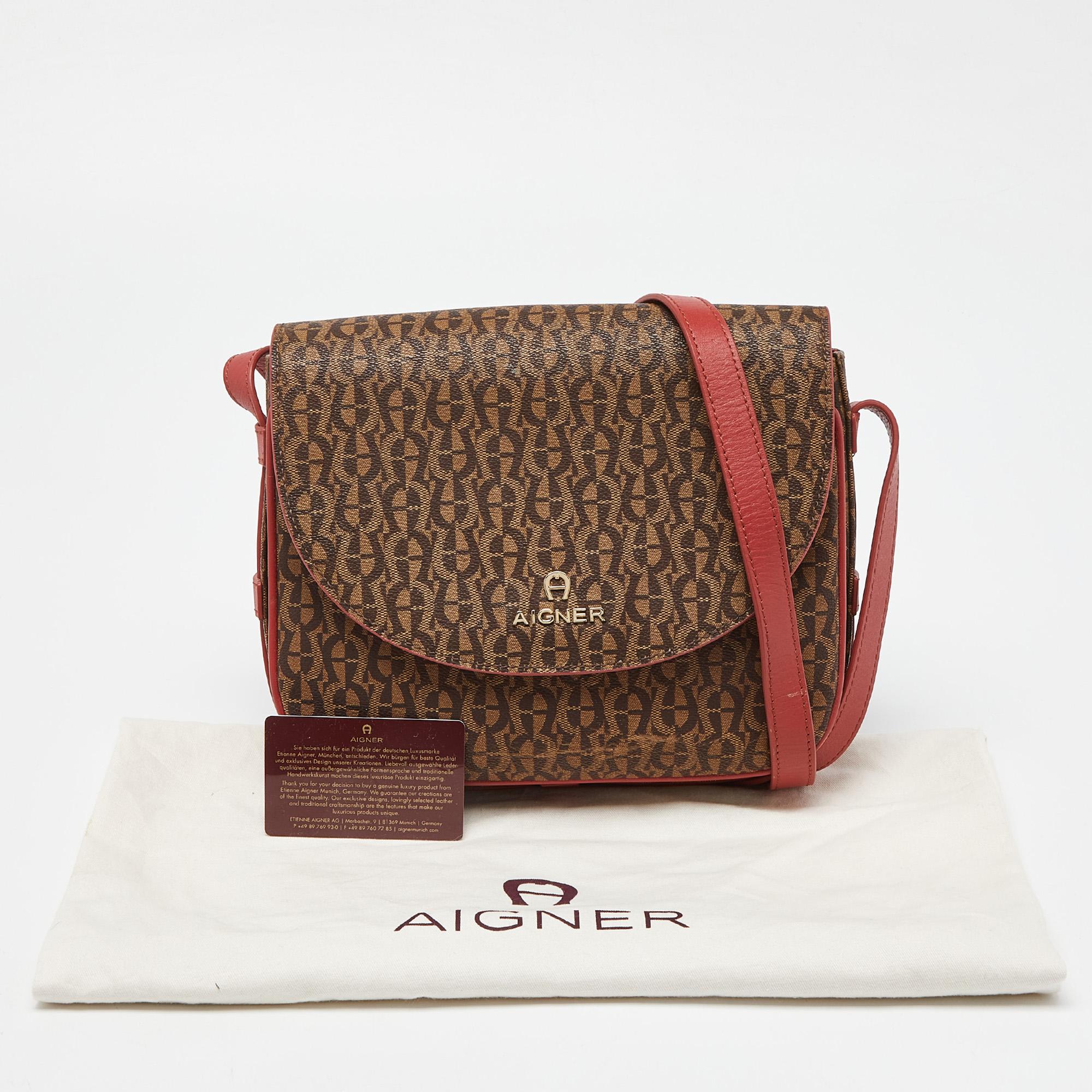 Aigner Brown/Red Signature Coated Canvas and Leather Crossbody Bag For Sale 6
