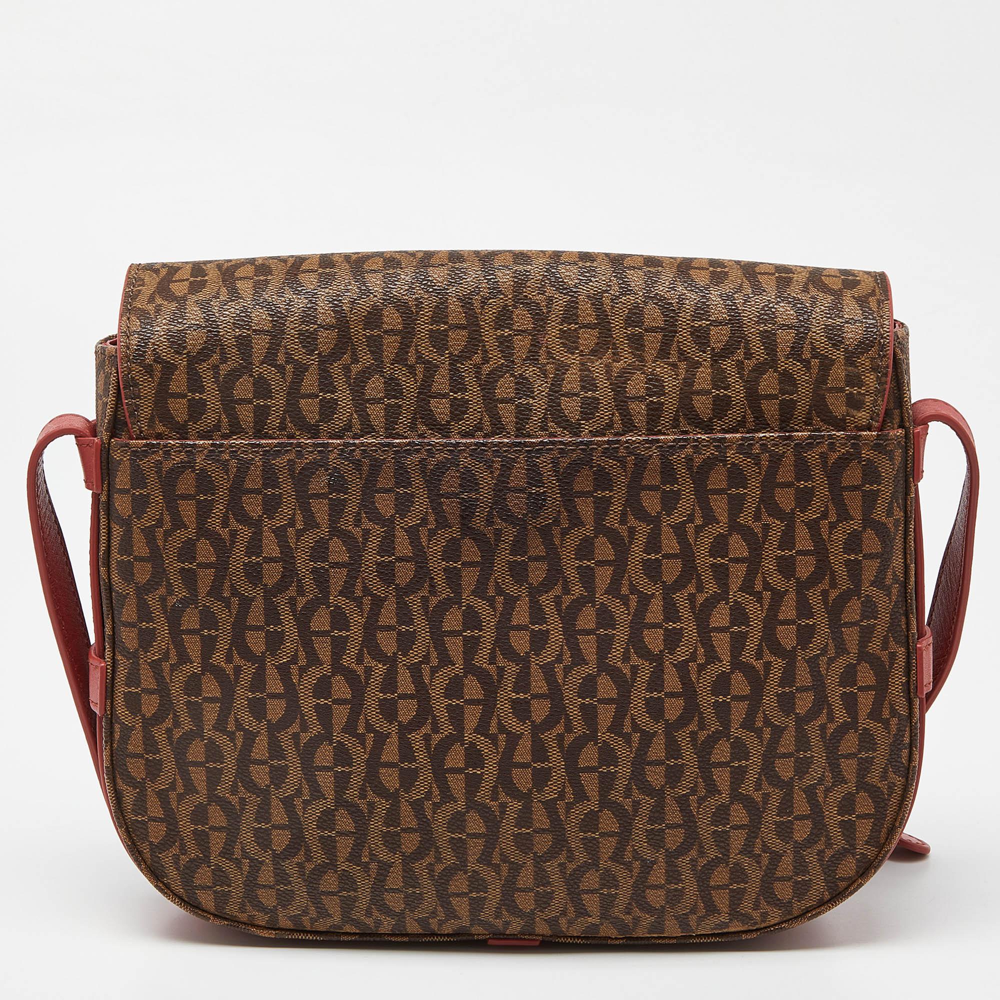 Women's Aigner Brown/Red Signature Coated Canvas and Leather Crossbody Bag For Sale