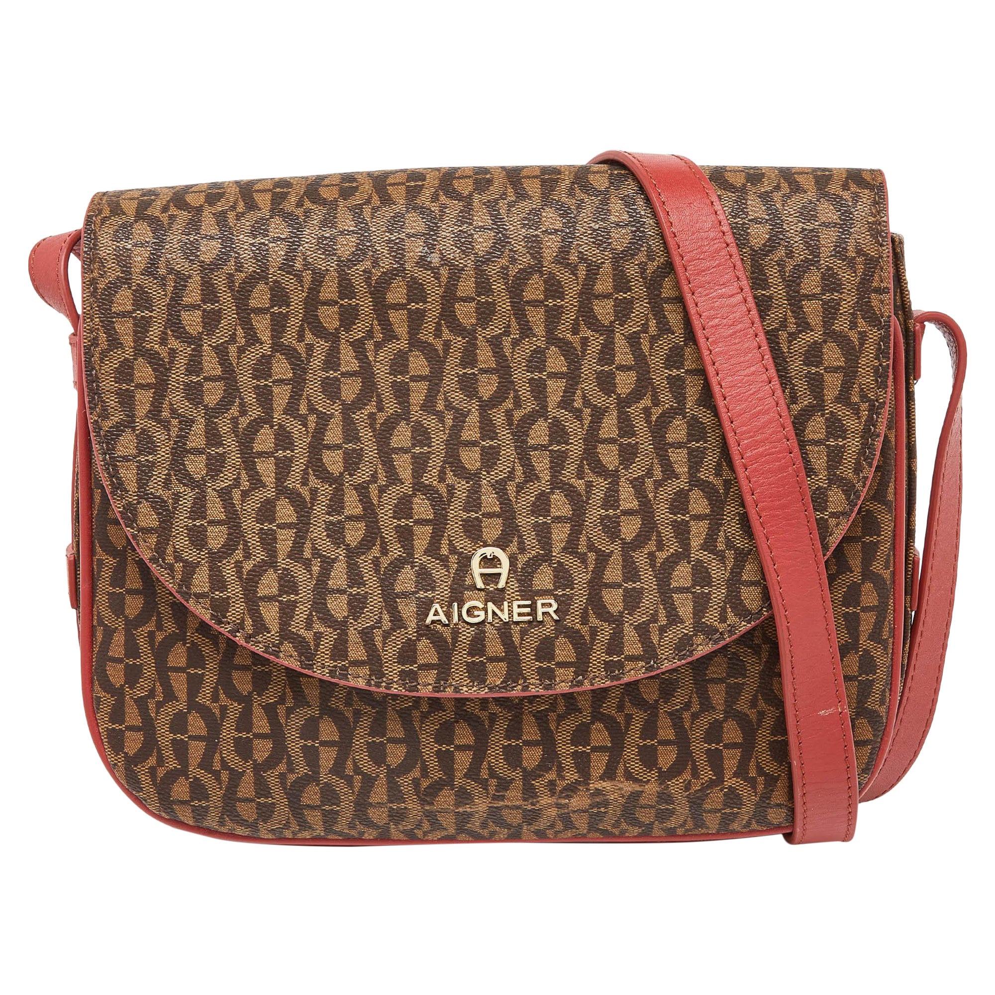 Bolso cruzado de piel y lona revestida marrón/rojo Aigner Signature