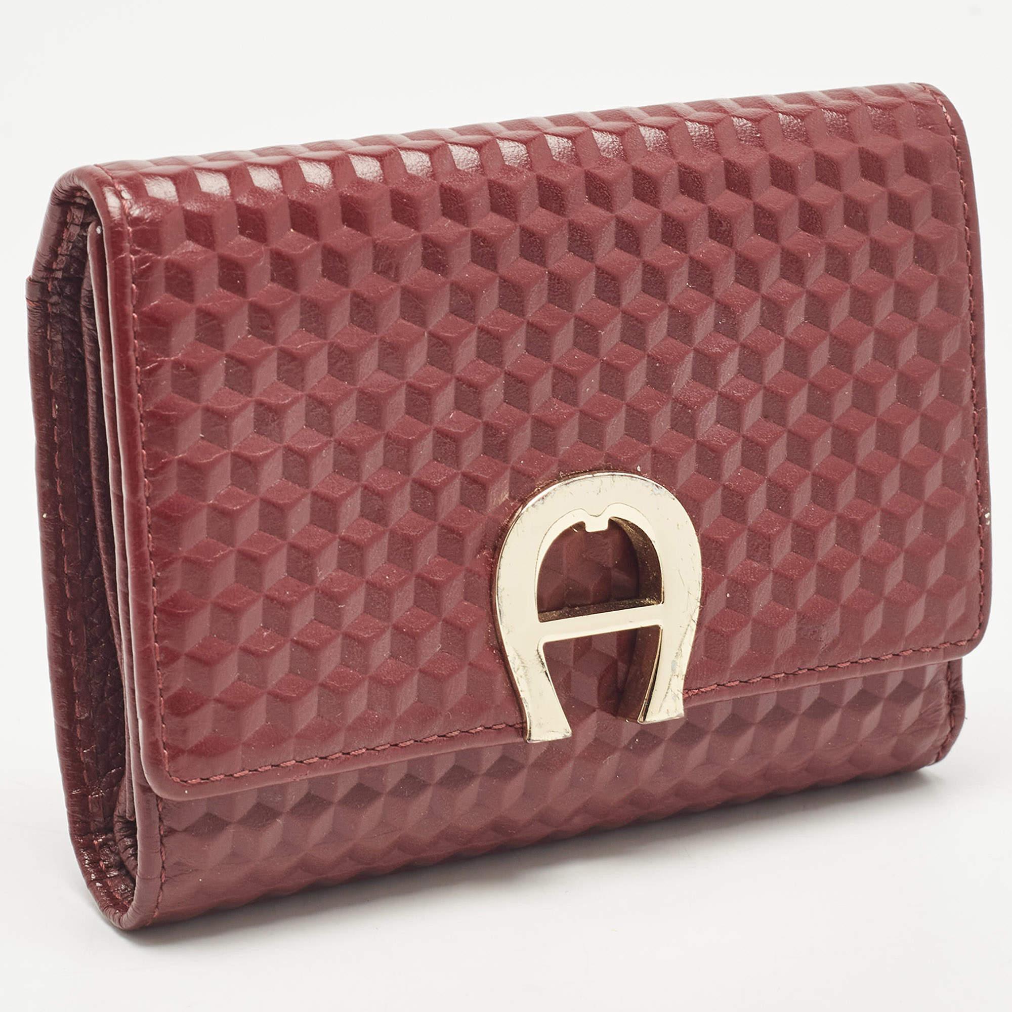 Brown Aigner Burgundy Embossed Leather Genoveva Trifold Compact Wallet For Sale