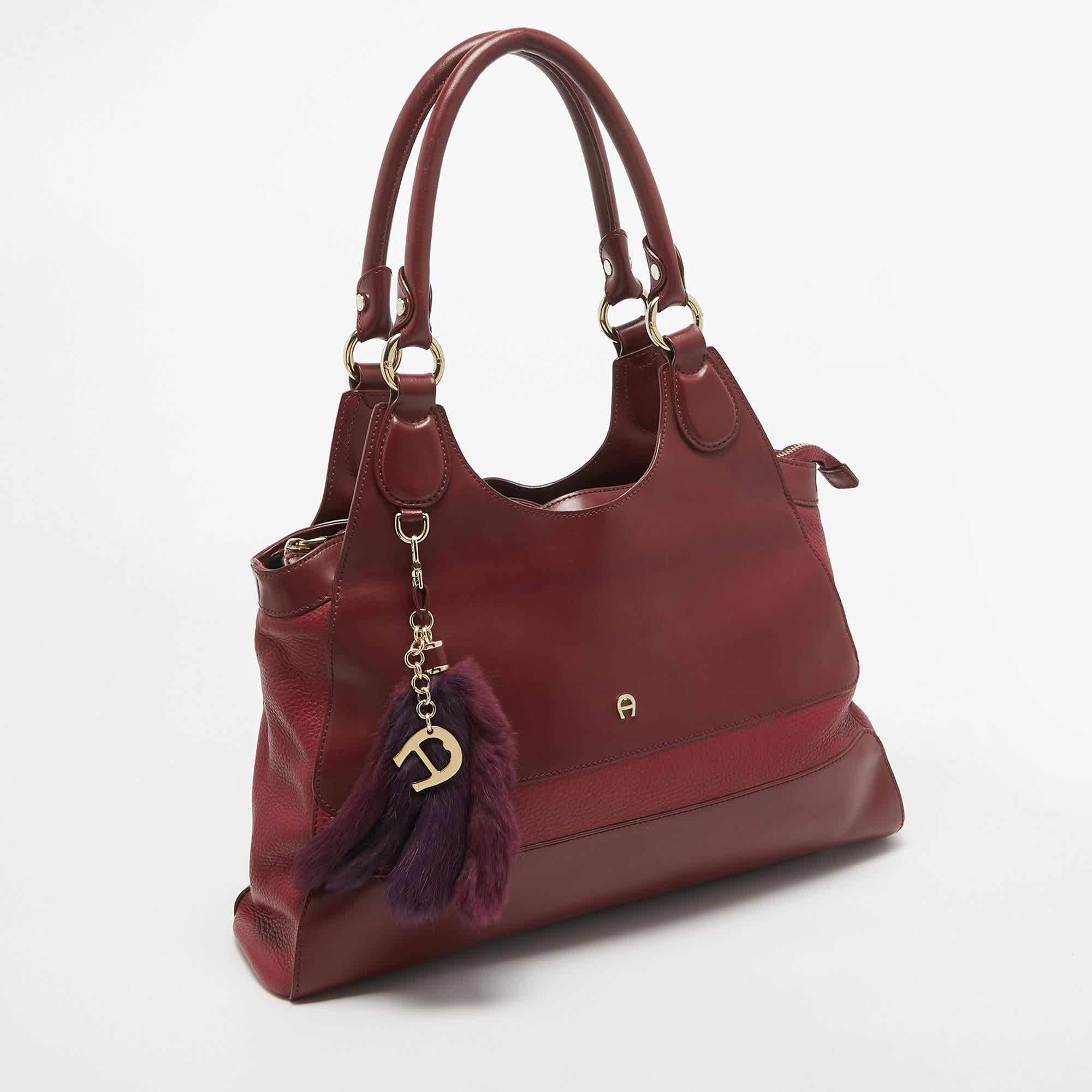 Brown Aigner Burgundy/Red Leather Charm Tote For Sale