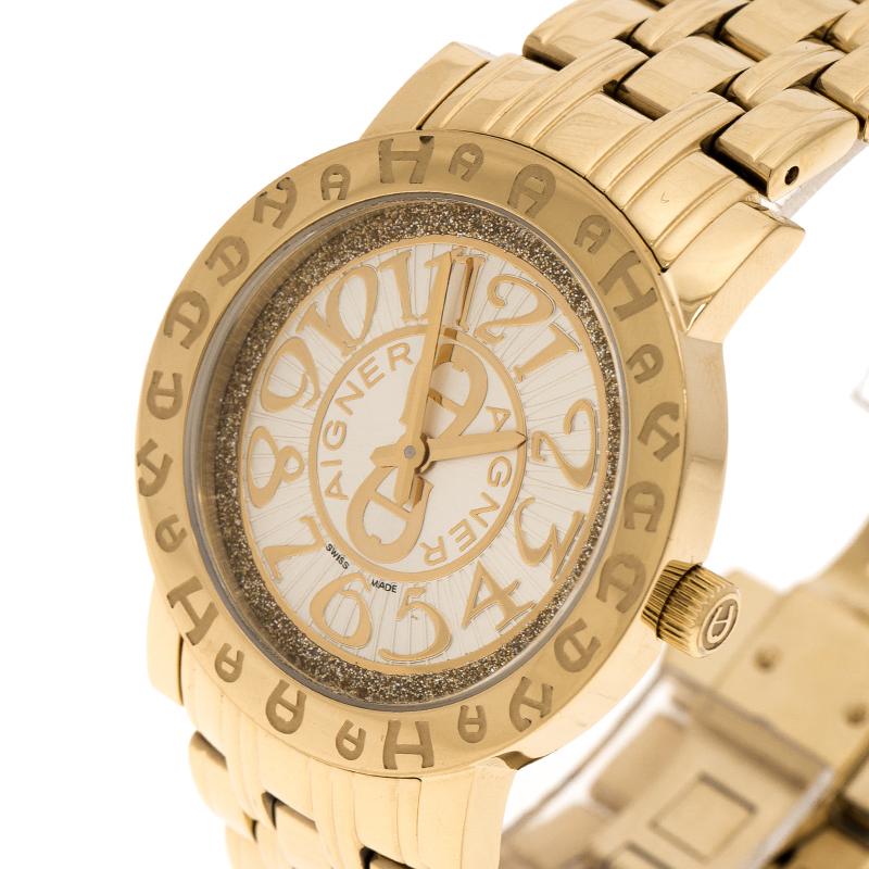 Aigner Champagne Gold Plated Stainless Steel A26337 Women's Wristwatch 36MM In Good Condition In Dubai, Al Qouz 2