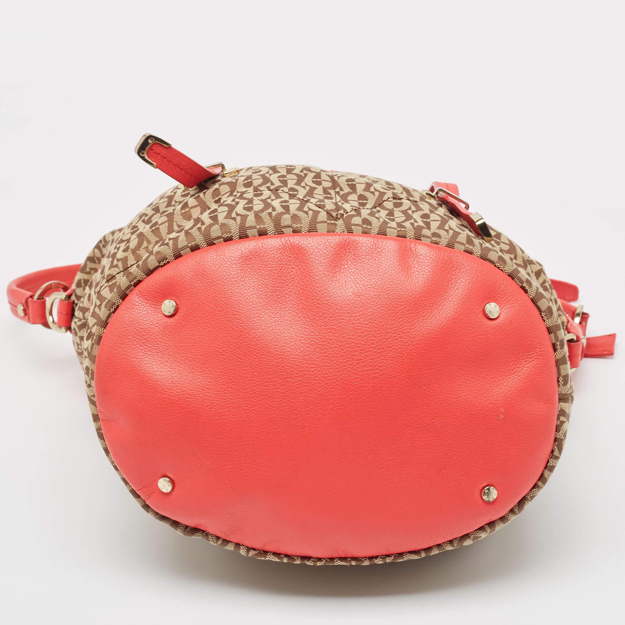Aigner Coral/Brown Monogram Canvas and Leather Bucket Bag For Sale 5