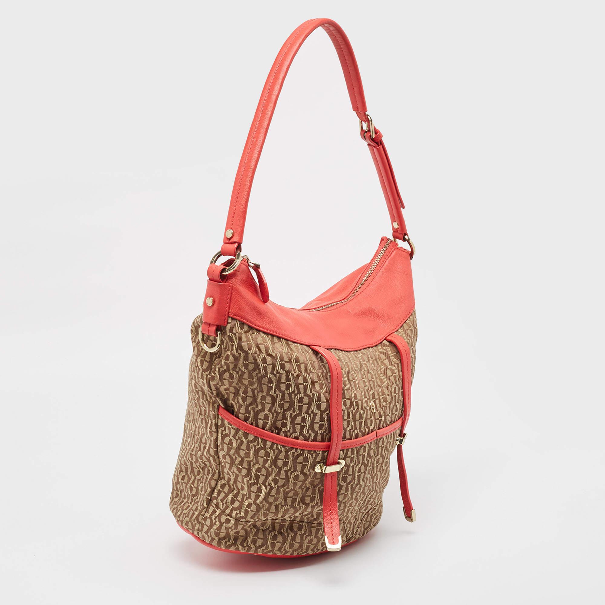Orange Aigner Coral/Brown Monogram Canvas and Leather Bucket Bag For Sale