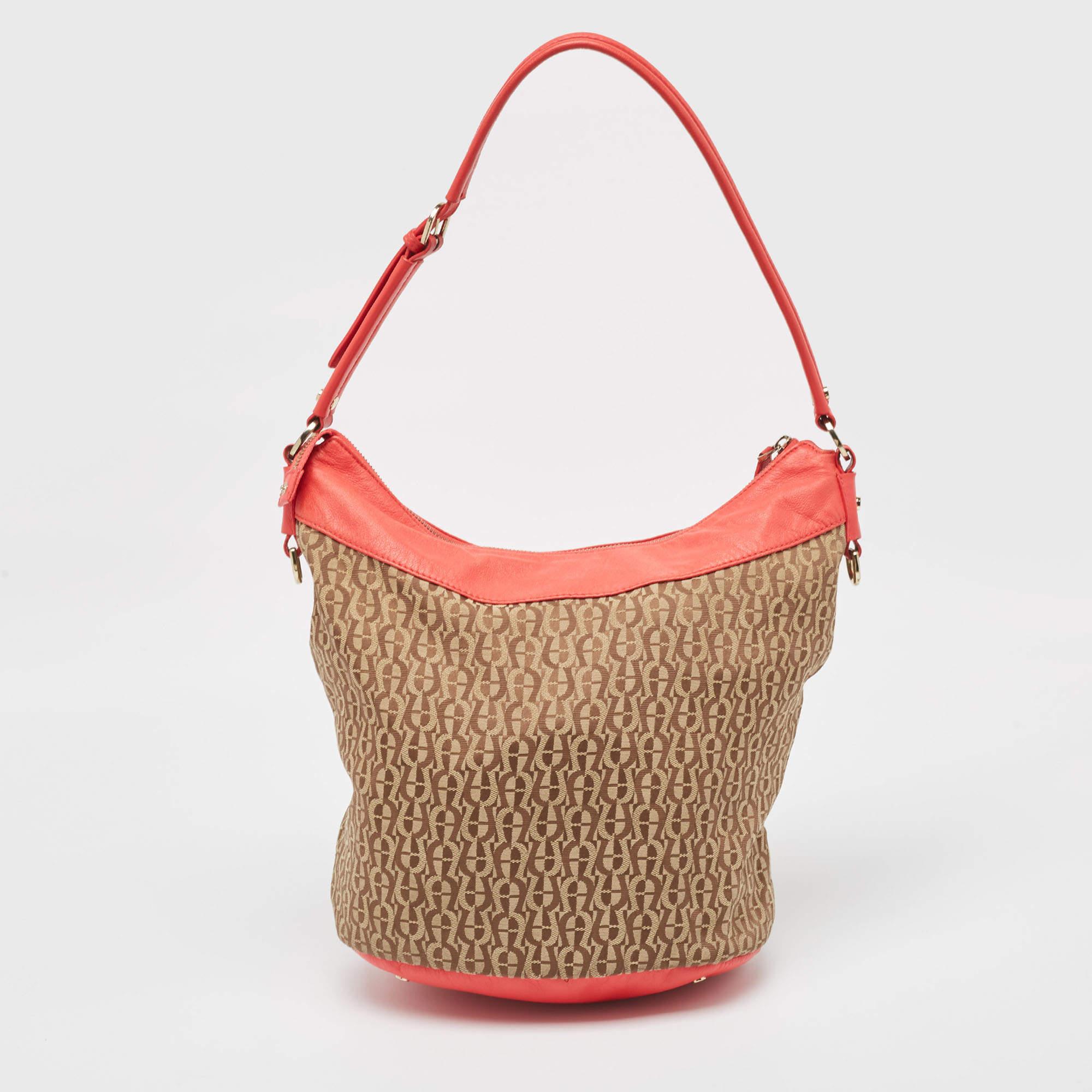Aigner Coral/Brown Monogram Canvas and Leather Bucket Bag In Excellent Condition For Sale In Dubai, Al Qouz 2