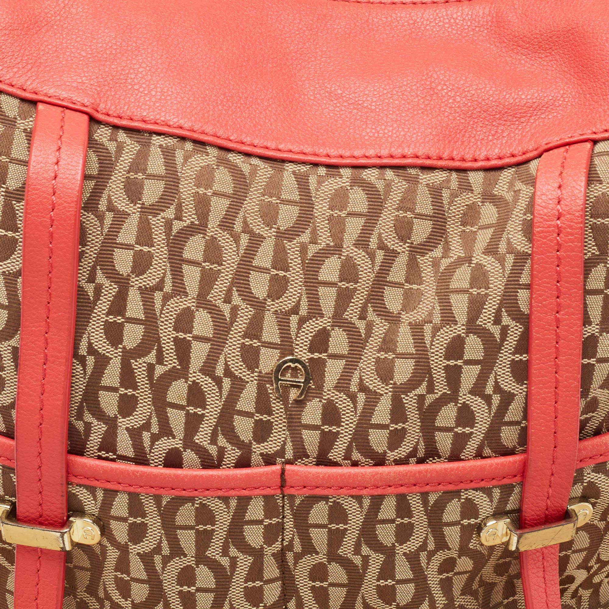 Women's Aigner Coral/Brown Monogram Canvas and Leather Bucket Bag For Sale