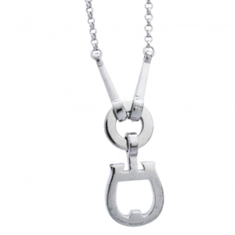 Women's Aigner Crystal Embellished Logo Pendant Silver Tone Necklace For Sale