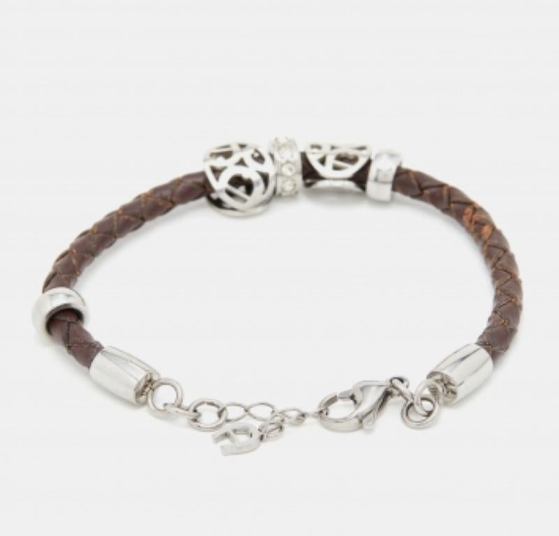 Aigner Crystal Logo Charm Brown Braided Leather Bracelet In Fair Condition For Sale In Dubai, Al Qouz 2