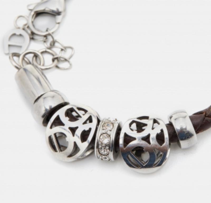 Women's Aigner Crystal Logo Charm Brown Braided Leather Bracelet For Sale