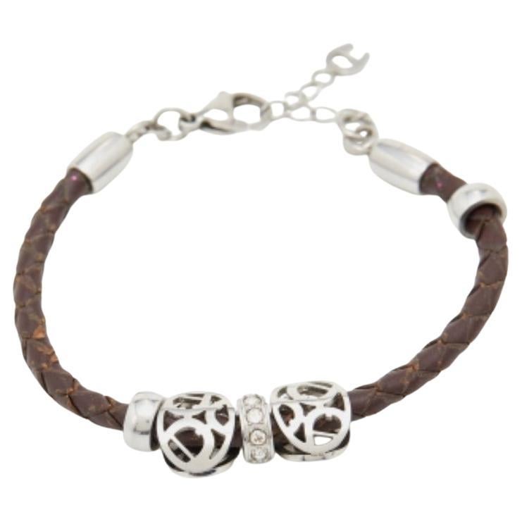 Aigner Crystal Logo Charm Brown Braided Leather Bracelet For Sale