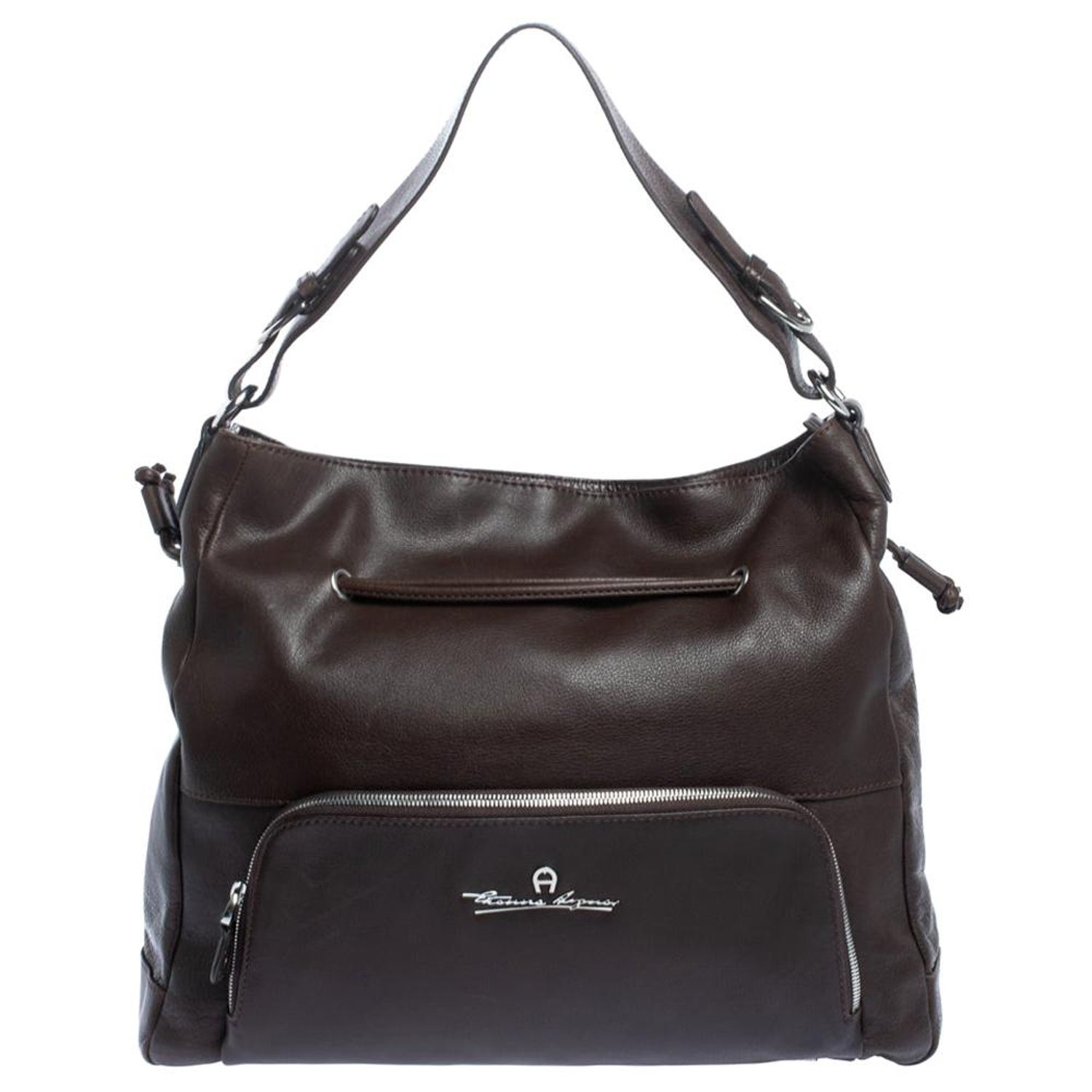 Aigner Dark Brown Leather Drawstring Front Pocket Top Handle Bag For Sale  at 1stDibs