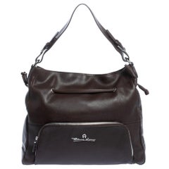 Aigner Dark Brown Leather Drawstring Front Pocket Top Handle Bag Aigner Dark Brown Leather Drawstring Front Pocket Top Handle Bag
