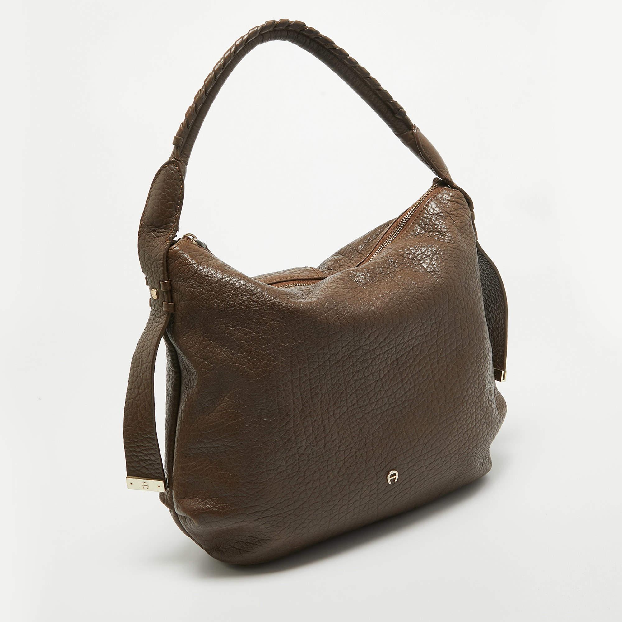 Black Aigner Dark Brown Leather Logo Hobo For Sale