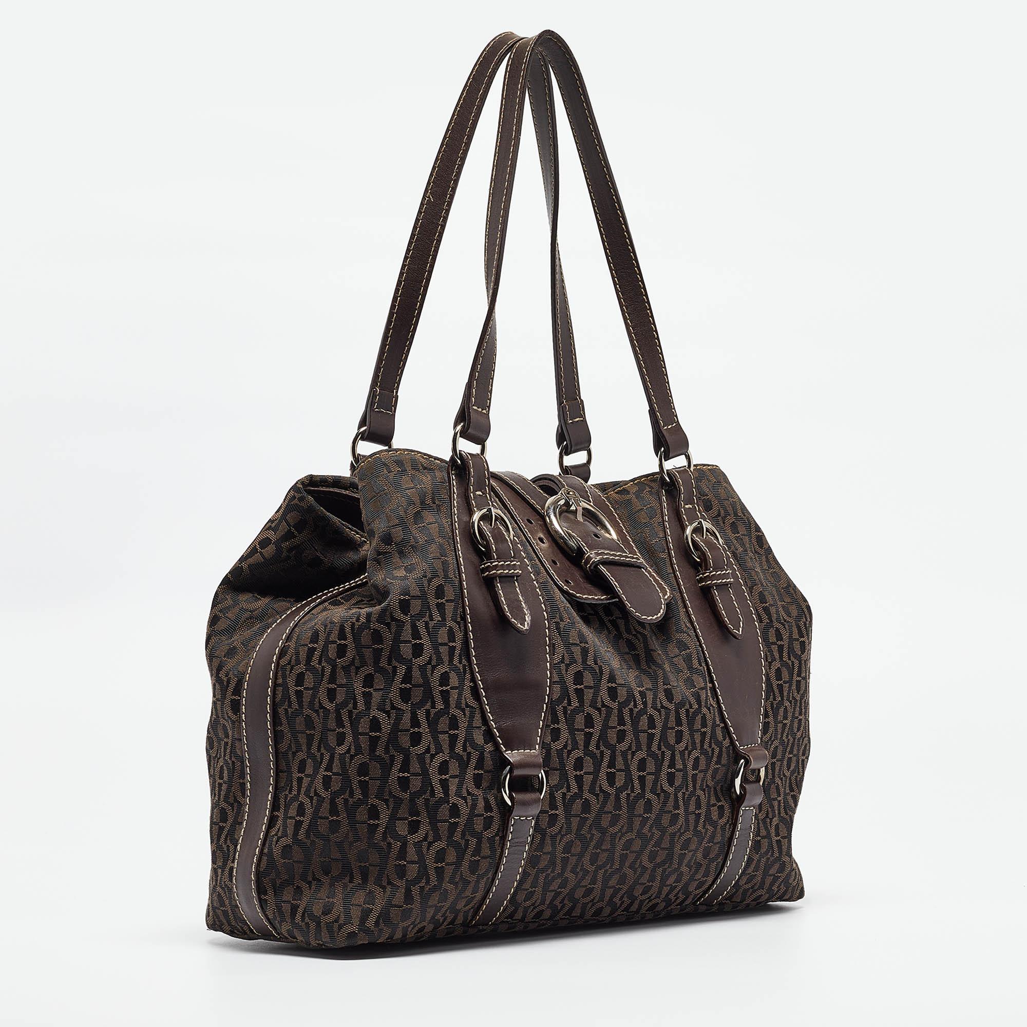 Black Aigner Dark Brown Monogram Canvas and Leather Buckle Flap Tote