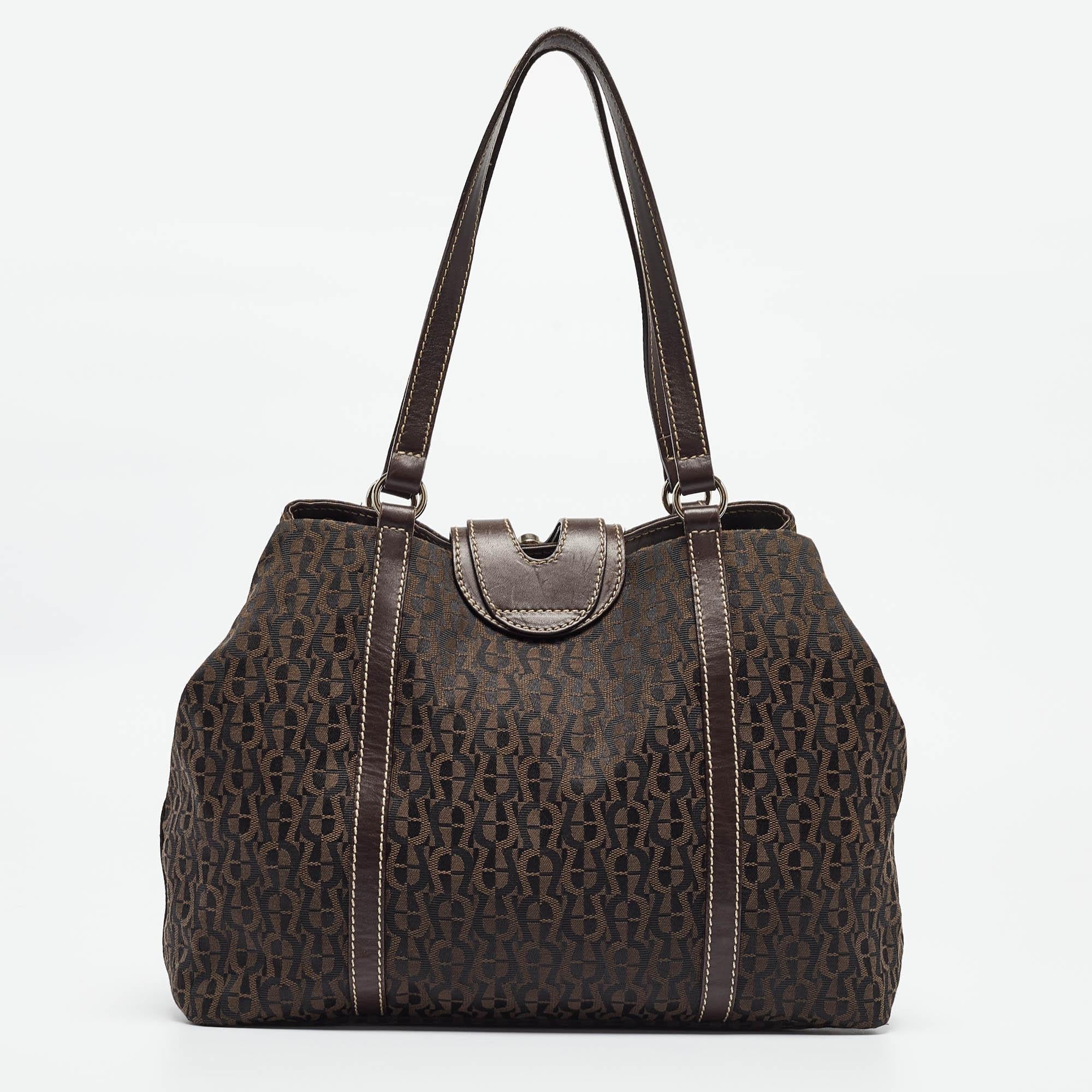 Aigner Dark Brown Monogram Canvas and Leather Buckle Flap Tote In Good Condition In Dubai, Al Qouz 2