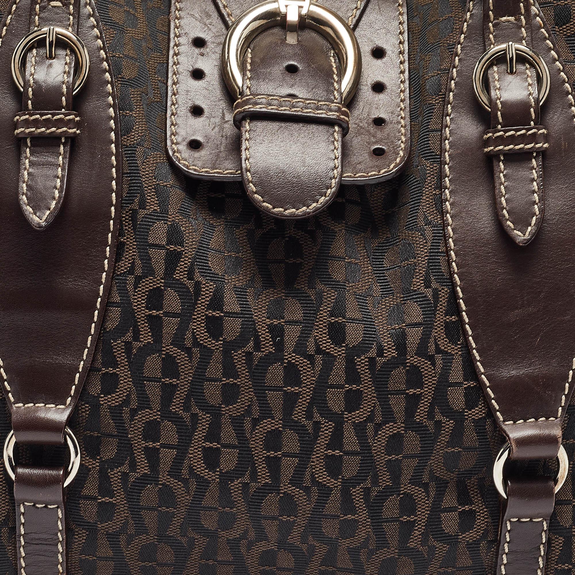 Women's Aigner Dark Brown Monogram Canvas and Leather Buckle Flap Tote