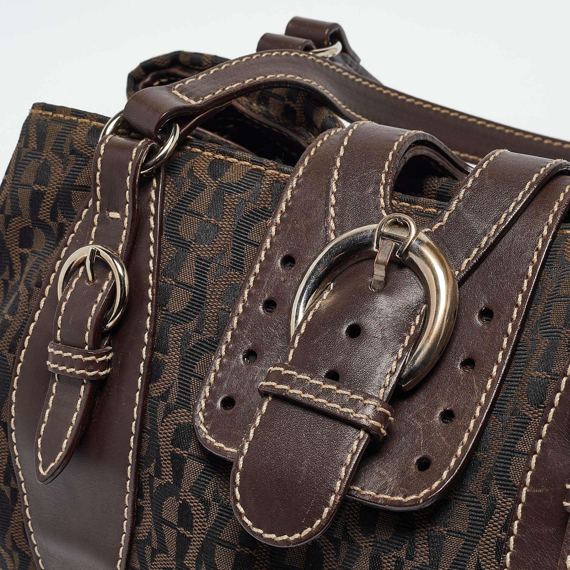 Aigner Dark Brown Monogram Canvas and Leather Buckle Flap Tote 2