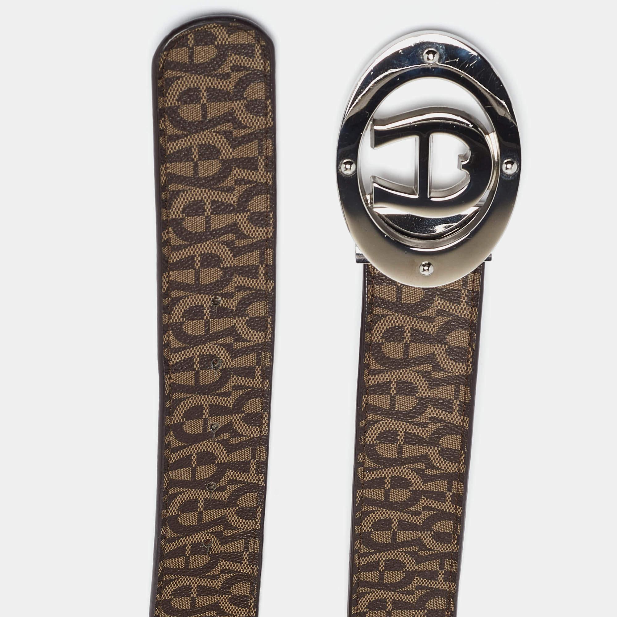 Black Aigner Dark Brown Monogram Coated Canvas and Leather Logo Belt For Sale