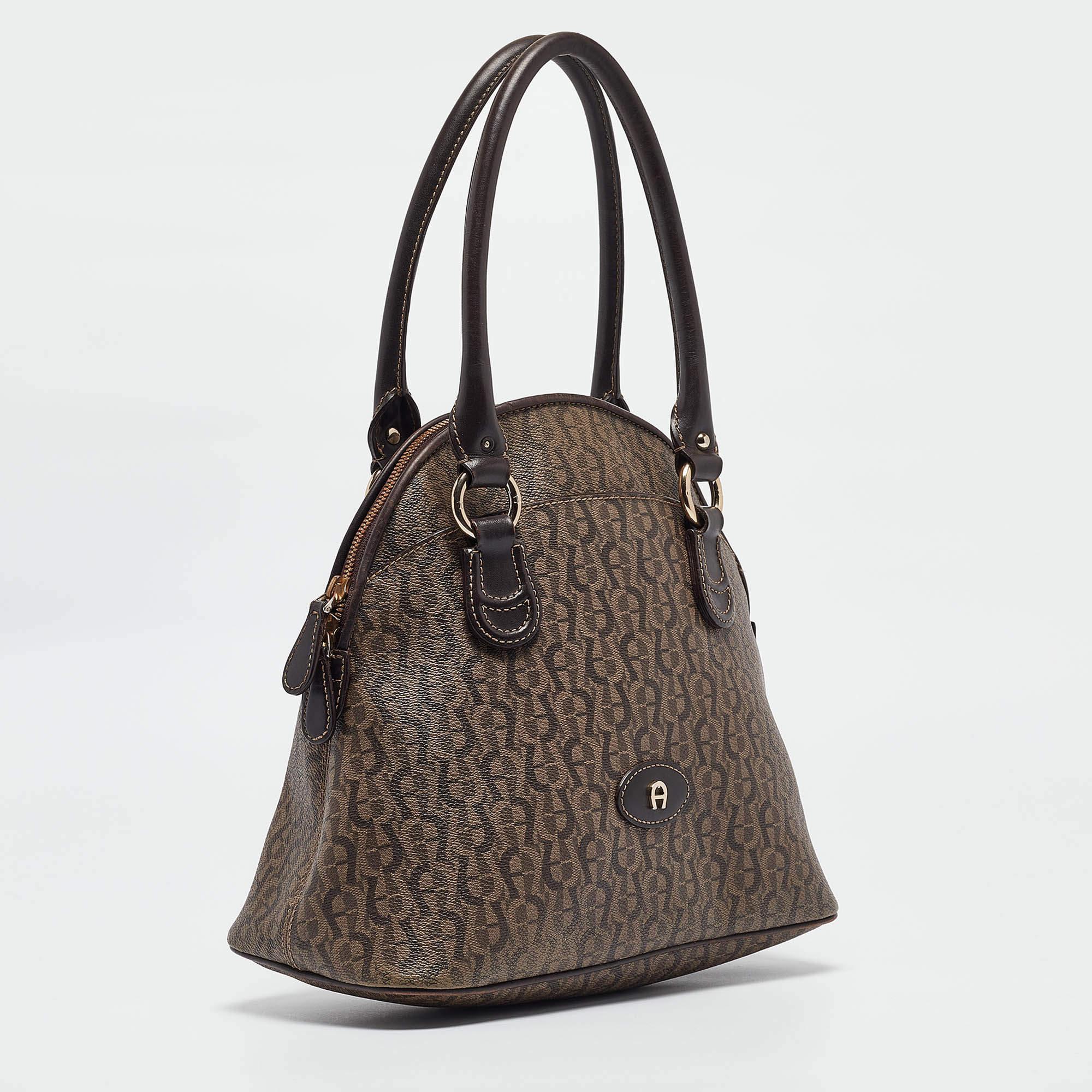 Black Aigner Dark Brown Monogram Coated Canvas and Leather Zip Satchel