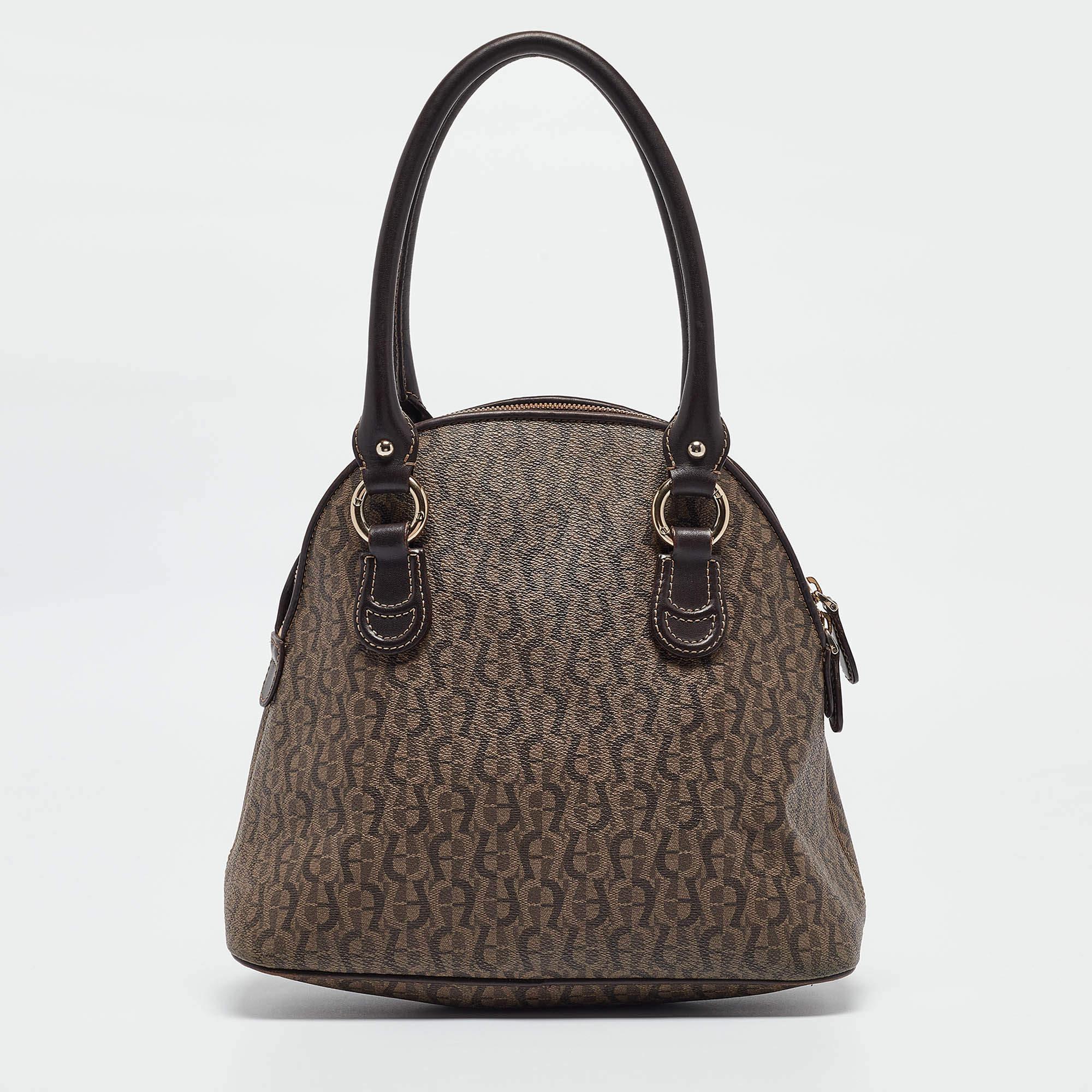 Aigner Dark Brown Monogram Coated Canvas and Leather Zip Satchel In Fair Condition In Dubai, Al Qouz 2
