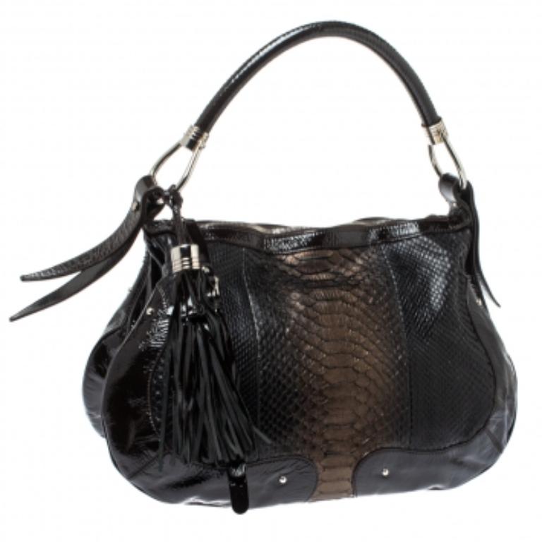 Black Aigner Dark Brown Python and Patent Leather Tassel Hobo For Sale