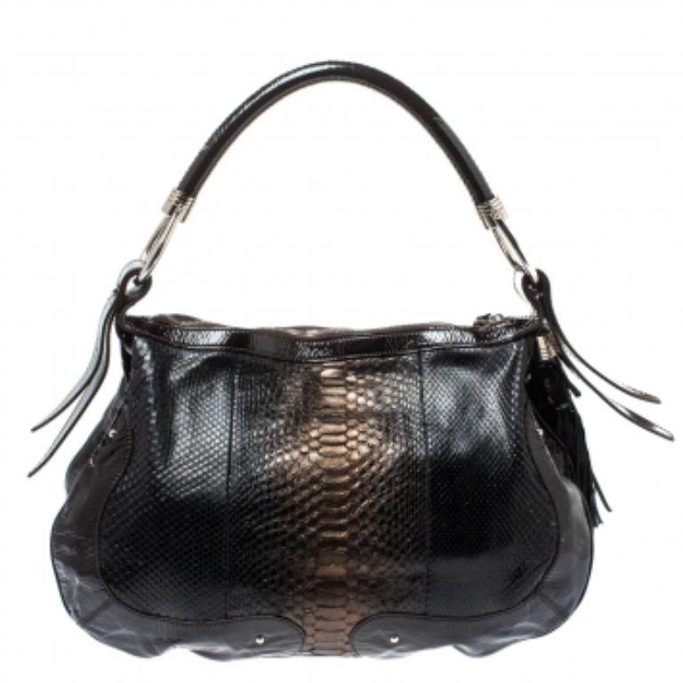 Aigner Dark Brown Python and Patent Leather Tassel Hobo For Sale 3