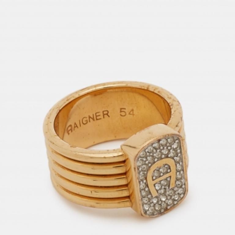 Aigner Anello con Logo in cristallo in tonalità oro misura 54 in vendita 1