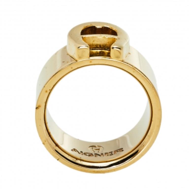Women's Aigner Gold Tone Logo Band Ring Size EU 54.5 For Sale