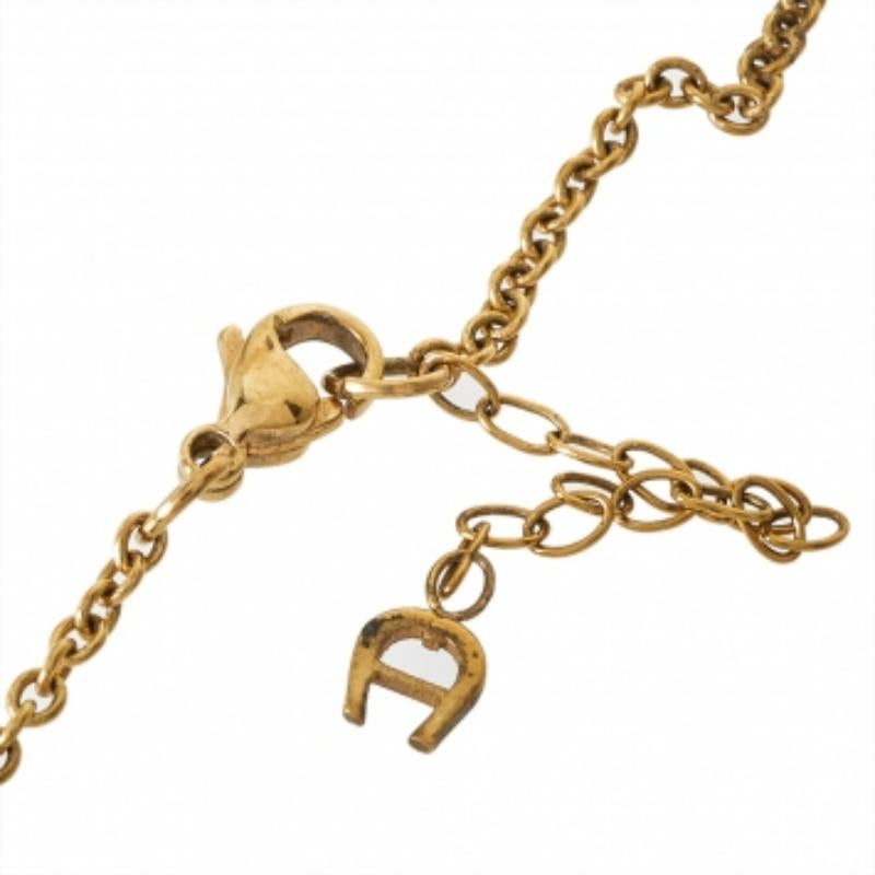 Aigner Gold Tone Mother of Pearl Crystal Logo Pendant Necklace For Sale 1