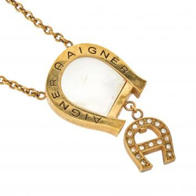 Aigner Gold Tone Mother of Pearl Crystal Logo Pendant Necklace For Sale 5