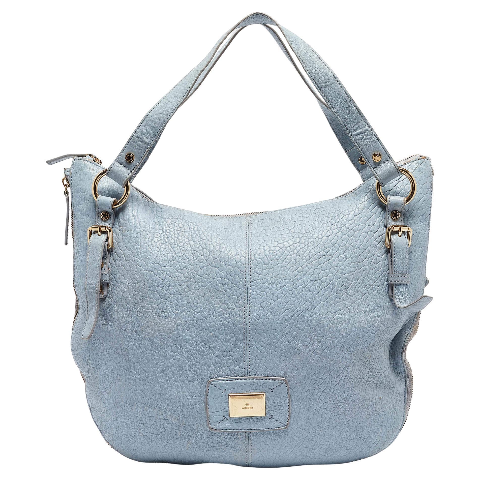Aigner Light Blue Pebbled Leather Hobo For Sale