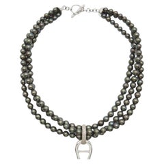 Aigner Logo Crystals Black Faux Pearls Silver Tone  Multistrand Necklace