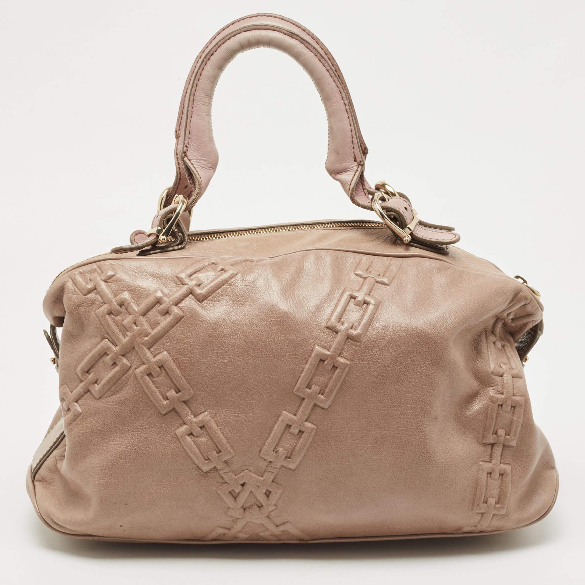 Aigner Mauve Embossed Leather Logo Charm Satchel In Fair Condition For Sale In Dubai, Al Qouz 2