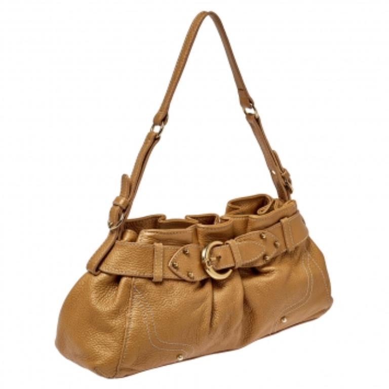 Aigner Metallic Beige Pleated Leather Satchel For Sale 4