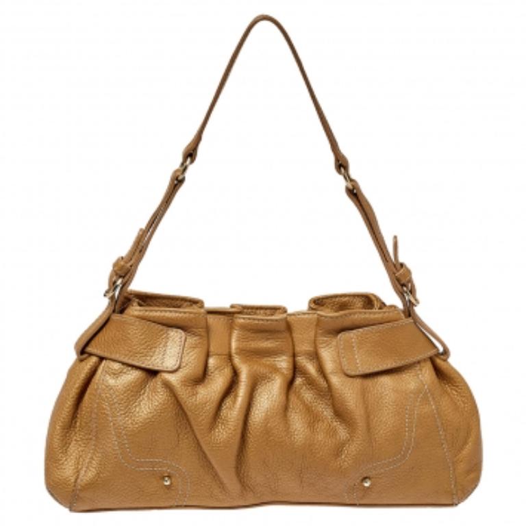 Aigner Metallic Beige Pleated Leather Satchel For Sale 5