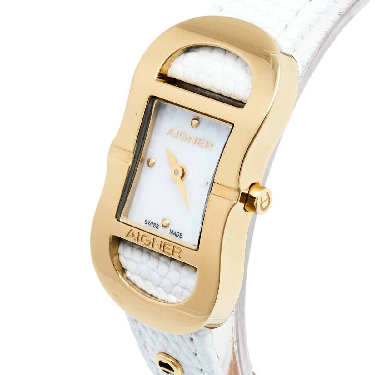 Aigner's 'Cesena' women's wristwatch features a uniquely designed case. The dial is laid with mother of pearl and features stud hour markers and two hands. It comes with white leather straps secured by a buckle closure. Add a luxe touch to your
