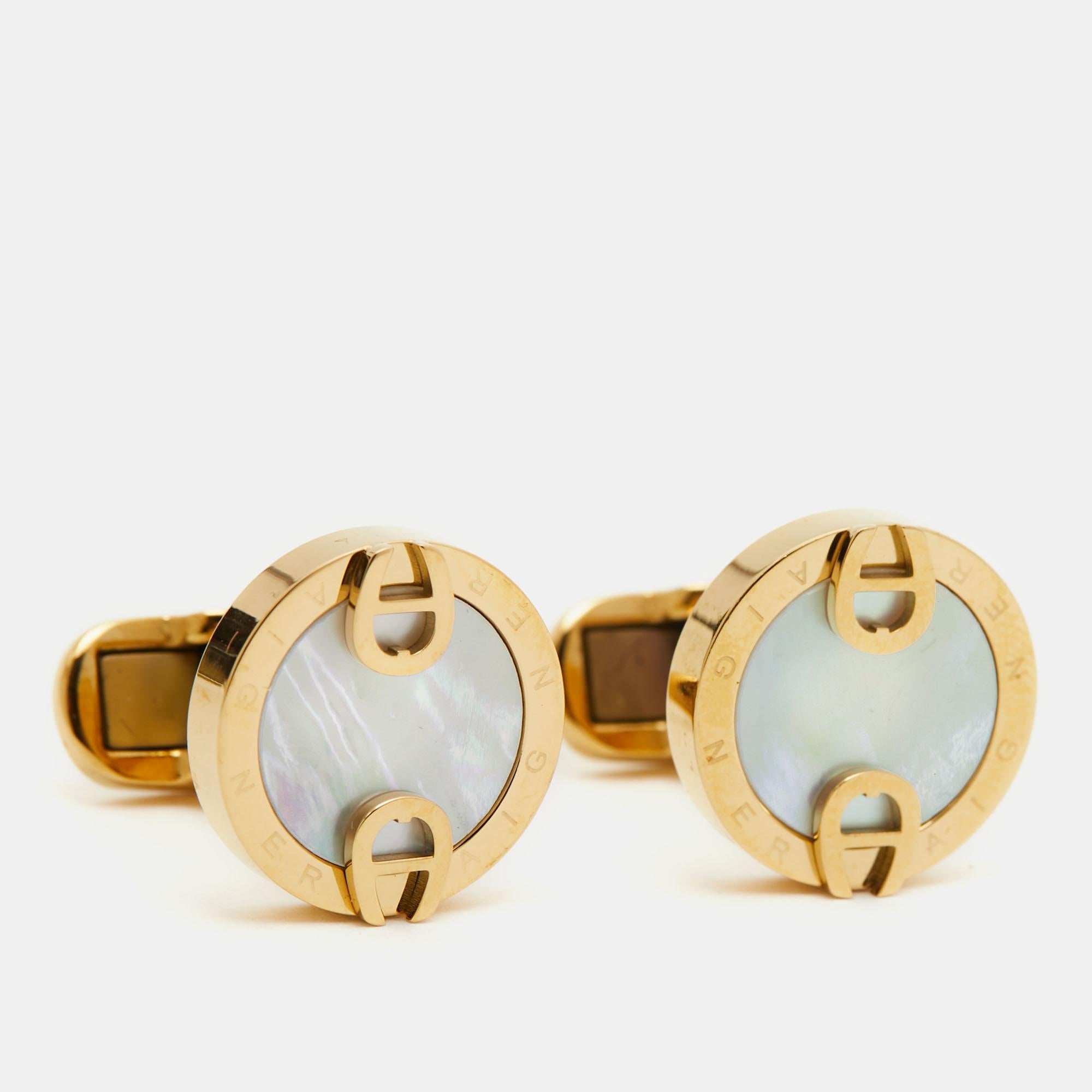 Contemporary Aigner Mother of Pearl Gold Tone Cufflinks For Sale