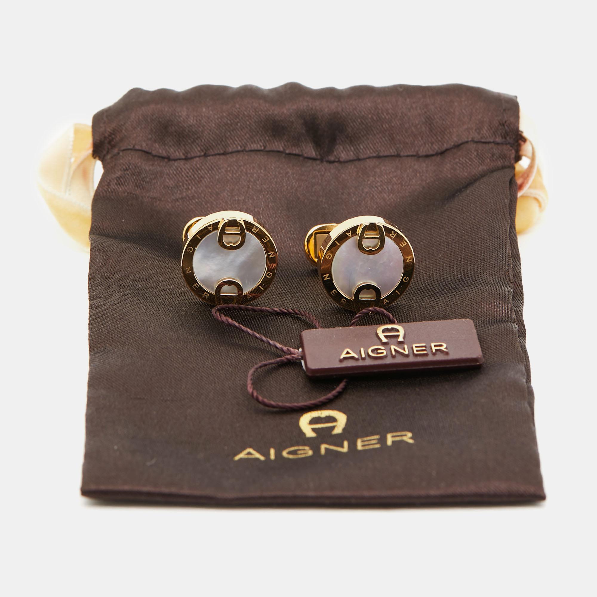Aigner Mother of Pearl Gold Tone Cufflinks For Sale 1