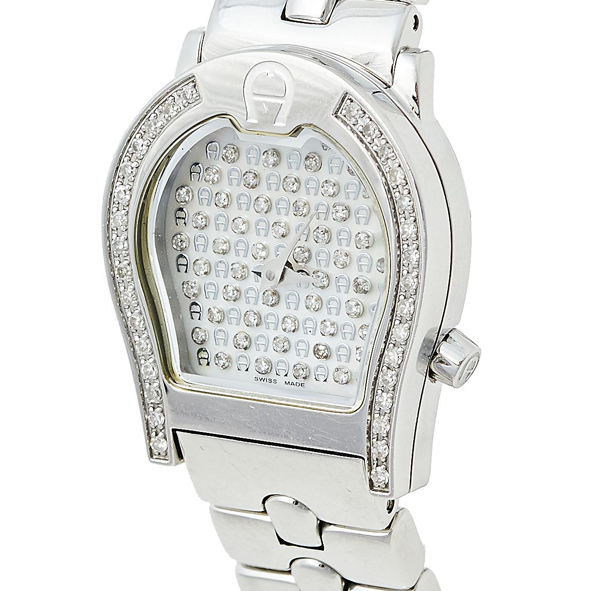 Aigner Mother of Pearl Stainless Steel Diamond Verona Women's Wristwatch 24 mm In Good Condition In Dubai, Al Qouz 2