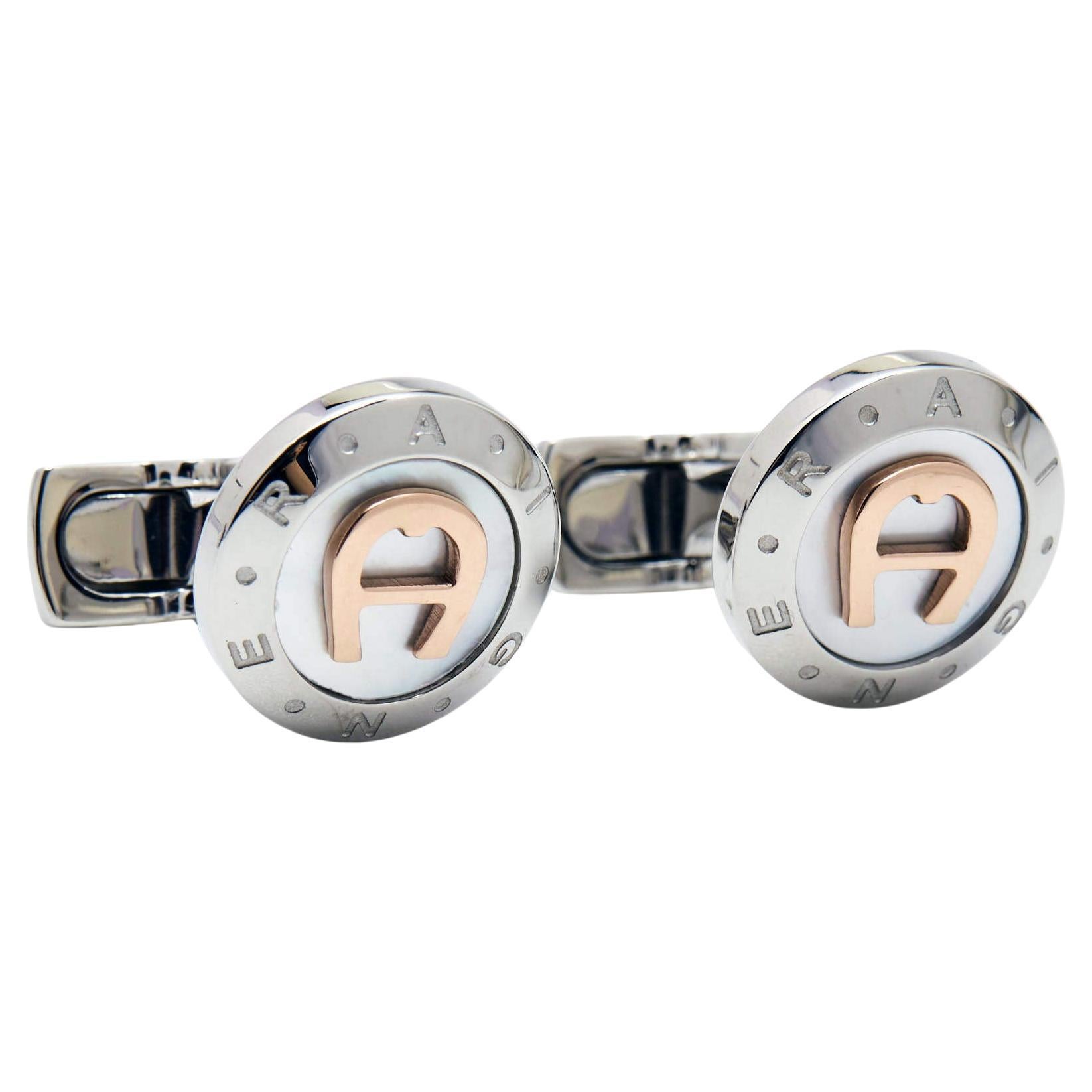Aigner Mother of Pearl Two Tone Round Cufflinks