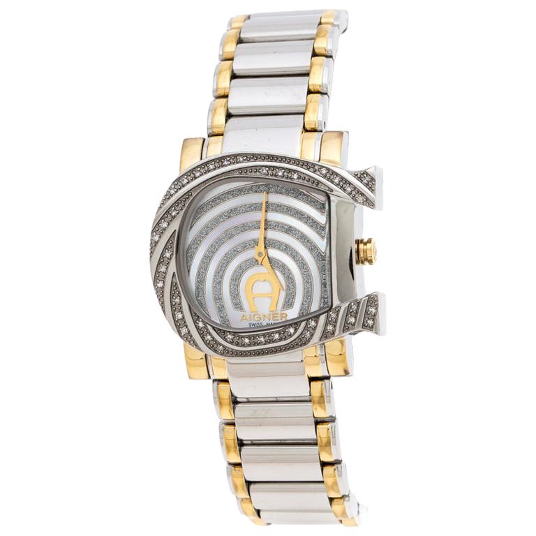 Aigner Mother of Pearl Two-Tone Stainless Steel Diamonds Genua Due A31600  31 mm For Sale at 1stDibs | aigner genua due a31600