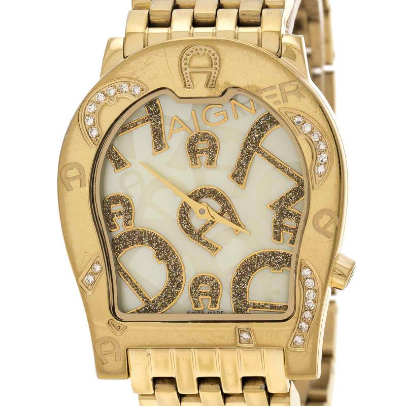 Uncut Aigner Mother Pearl Gold Plated Steel Ravenna Nuovo A25100 Women Wristwatch 33mm
