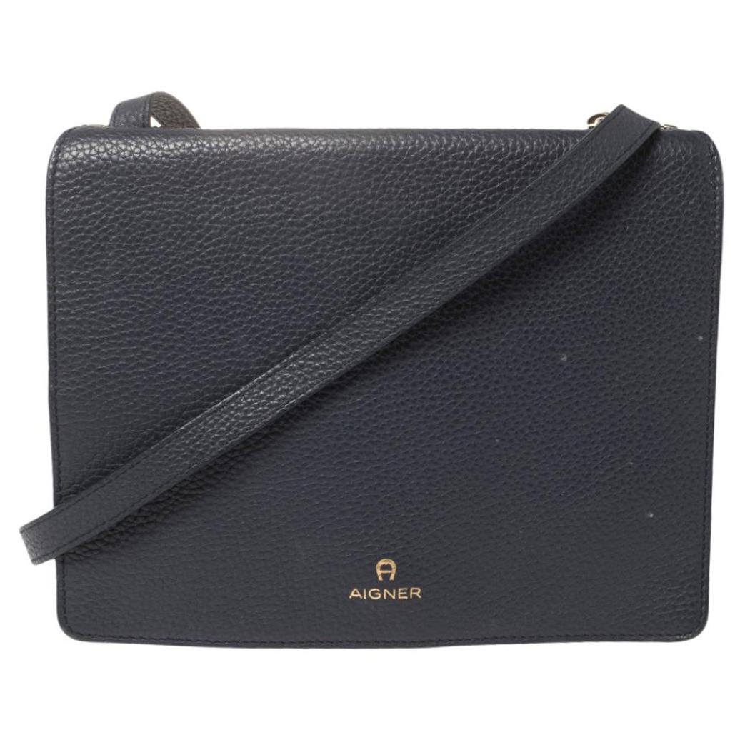 Aigner Navy Blue Leather Flap Crossbody Bag For Sale