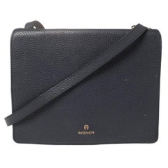 Aigner Navy Blue Leather Flap Crossbody Bag