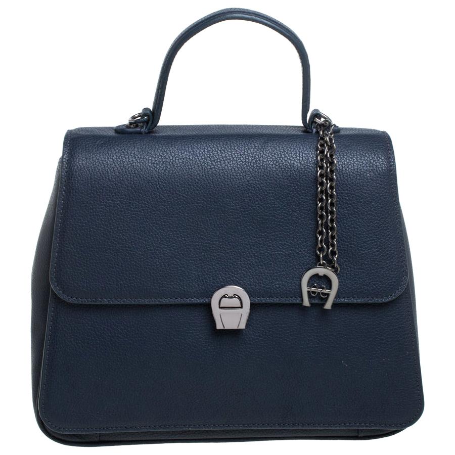 Aigner Navy Blue Leather Genevova Top Handle Bag