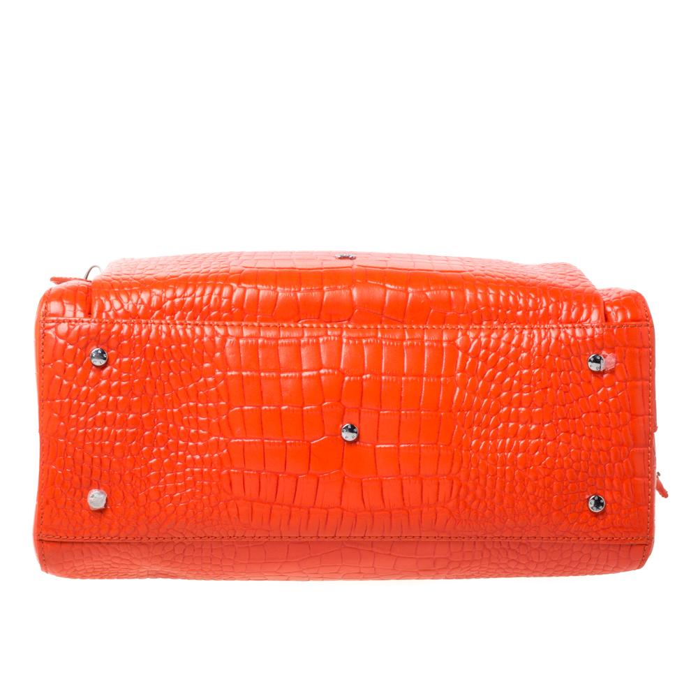 Red Aigner Orange Croc Embossed Leather Front Pocket Zip Shoulder Bag